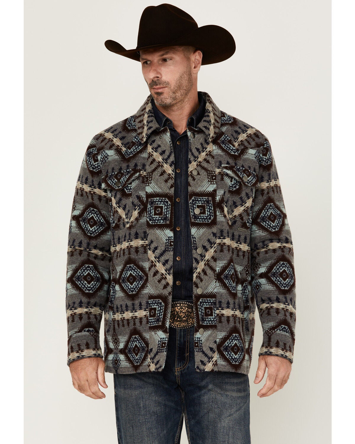Powder River Outfitters Men's Southwestern Print Snap Jacket, Grey, hi-res