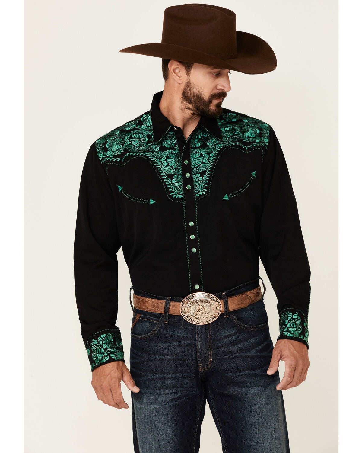 Scully Men's Embroidered Gunfighter Long Sleeve Pearl Snap Western Shirt, Black, hi-res