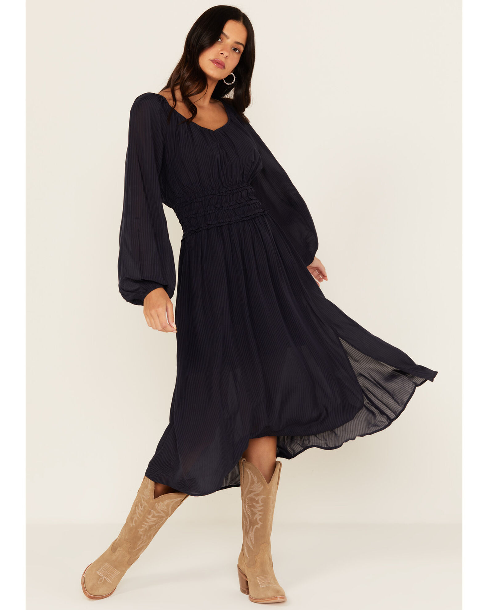 Product Name Shyanne Women's Striped Long Sleeve Slit Front Midi Dress