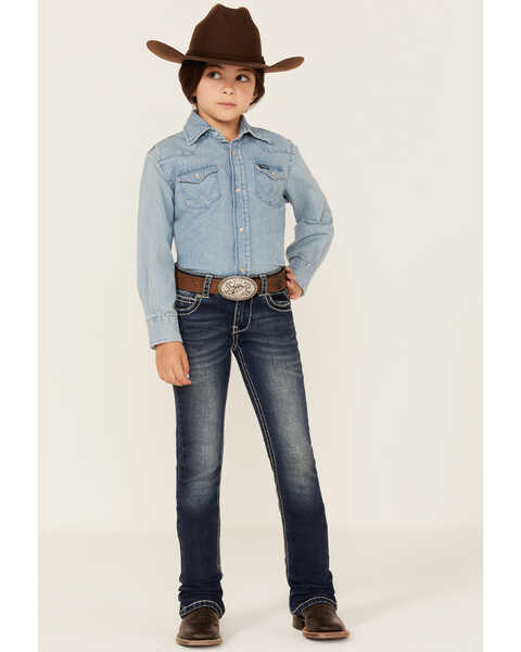 Image #3 - Shyanne Little Girls' Horse & Horseshoe Dark Wash Embroidered Bootcut Jeans, Blue, hi-res