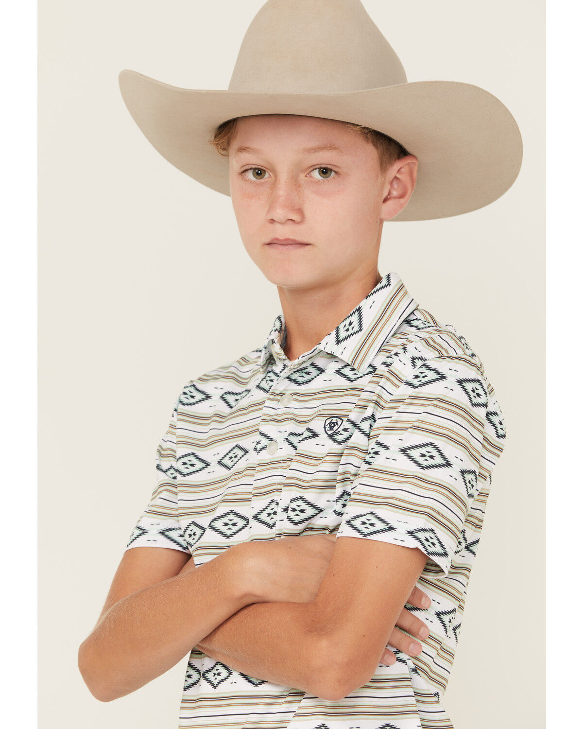 Image #2 - Ariat Boys' Southwestern Print Short Sleeve Button-Down Polo Shirt, Tan, hi-res