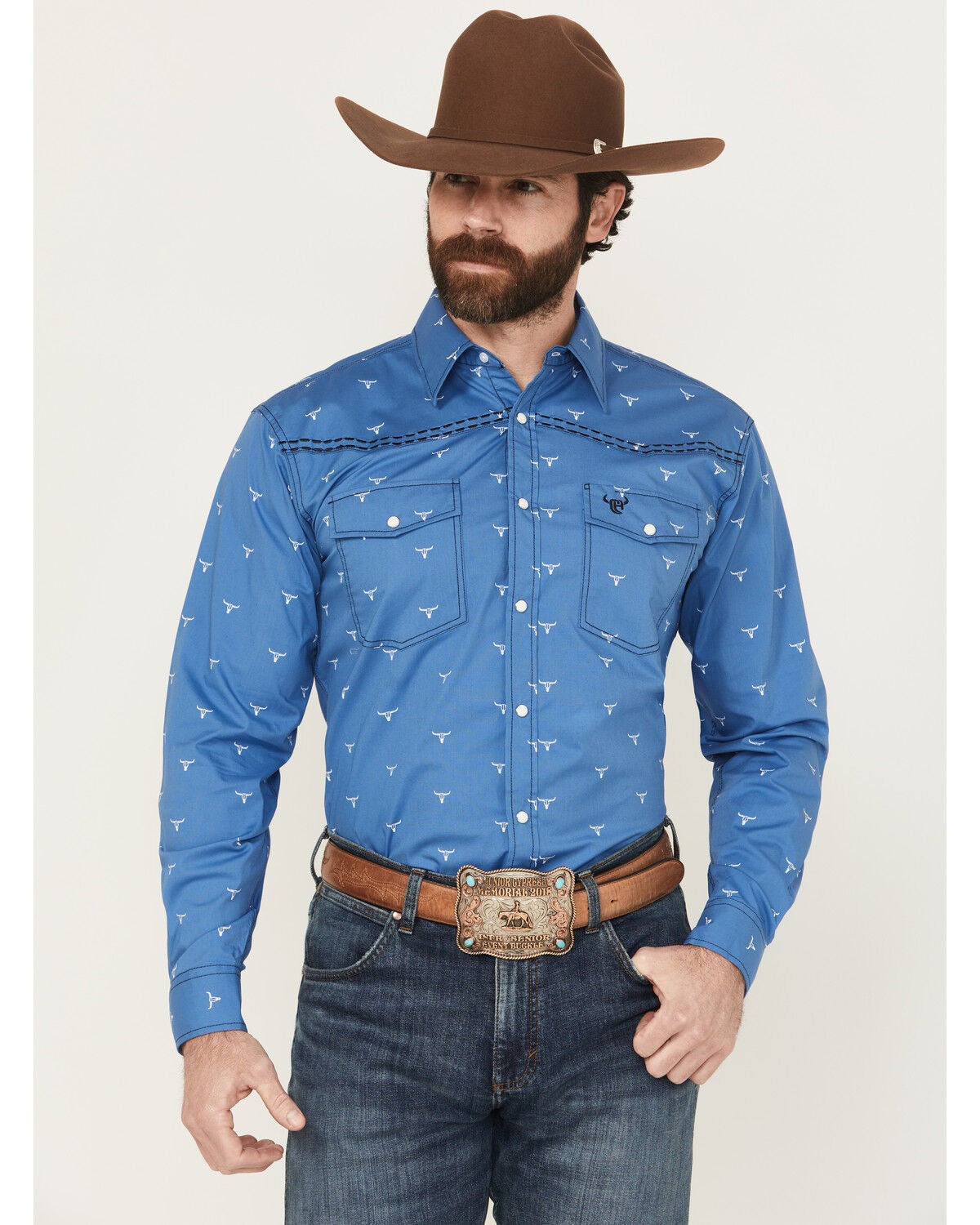 Image #1 - Cowboy Hardware Men's Steerhead Print Long Sleeve Snap Stretch Western Shirt, Royal Blue, hi-res