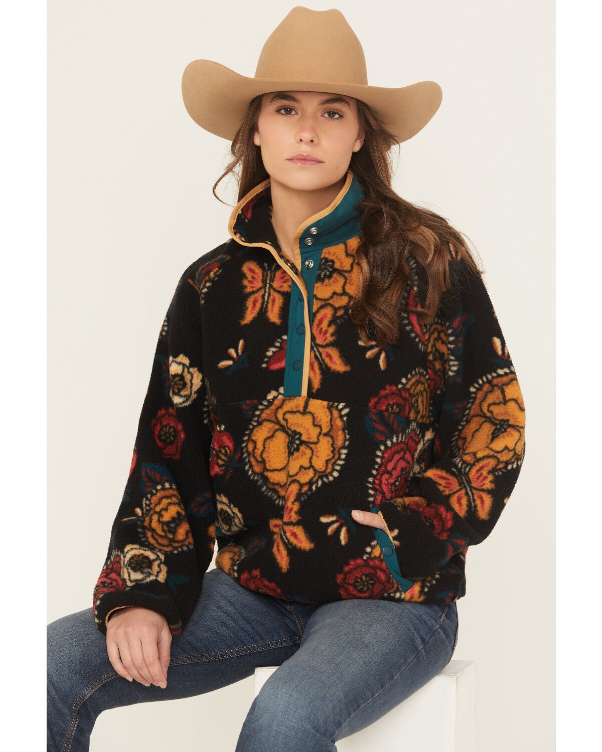 Image #1 - Wrangler Retro Women's Floral Print Sherpa Pullover, Black, hi-res
