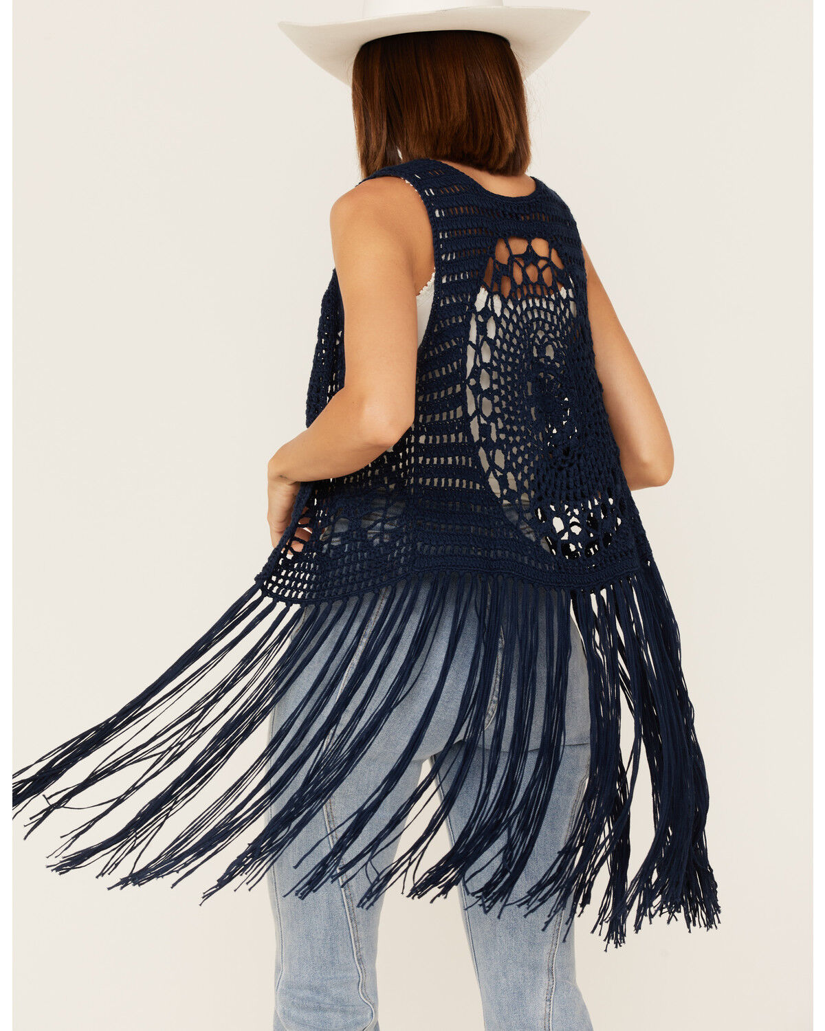 Image #3 - Rock & Roll Denim Women's Crochet Knit Fringe Vest, Navy, hi-res
