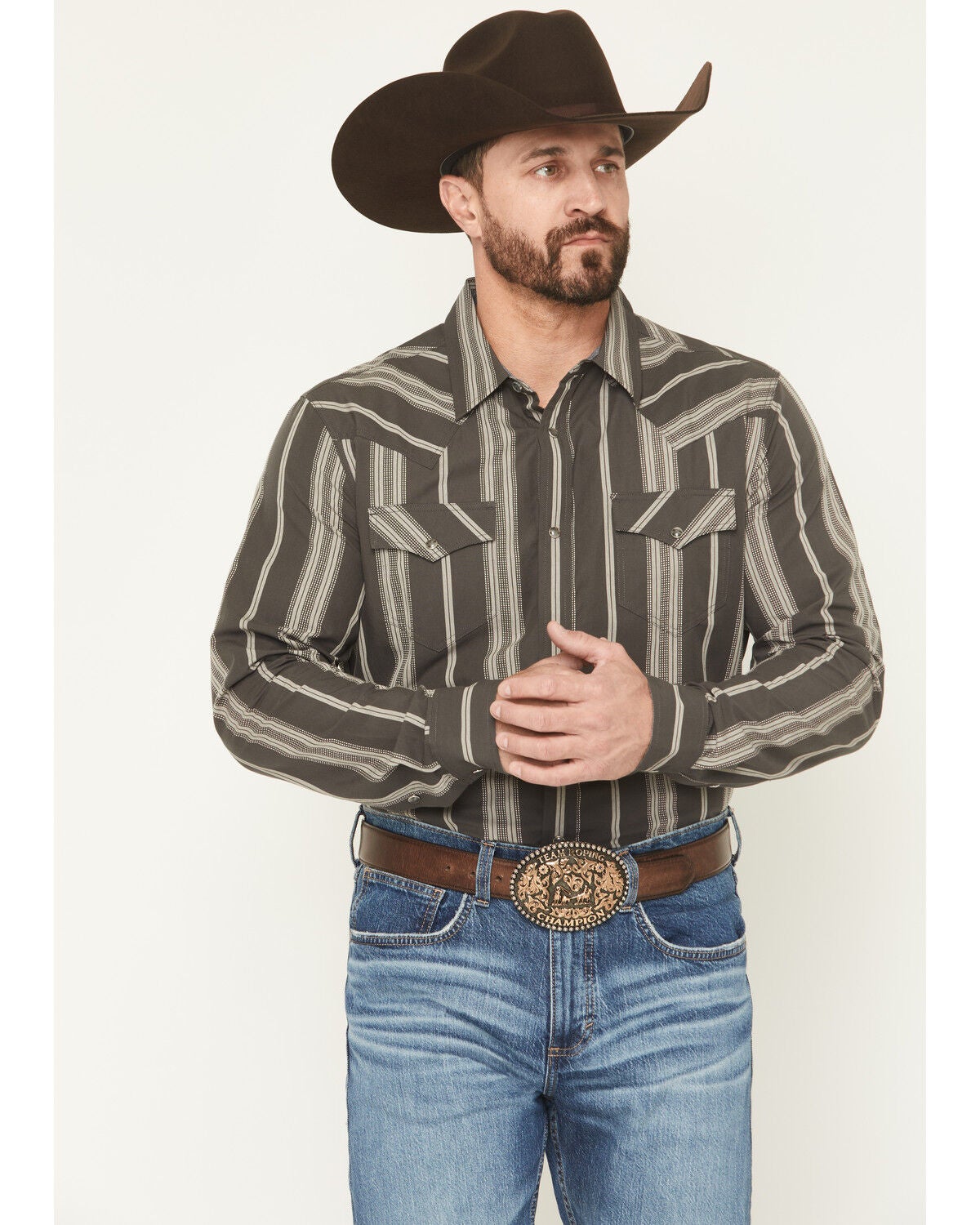 Image #1 - Cody James Men's Harpeth Striped Long Sleeve Snap Western Shirt, Charcoal, hi-res