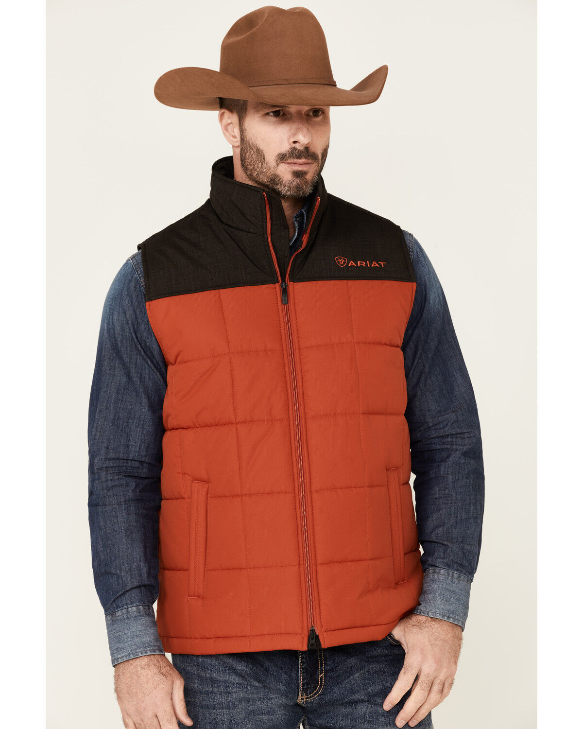 Image #1 - Ariat Men's Orange Color Block CC Crius Zip-Front Vest, Orange, hi-res