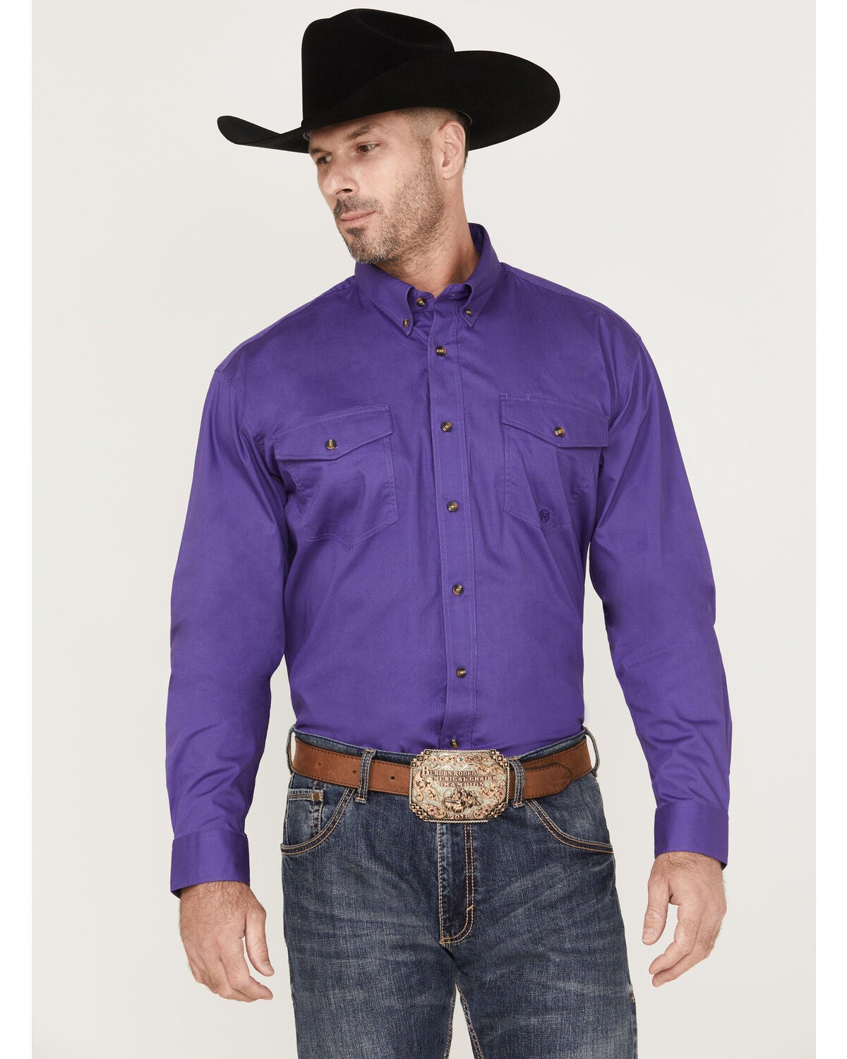Image #1 - Roper Men's Solid Amarillo Collection Long Sleeve Button-Down Western Shirt, Purple, hi-res