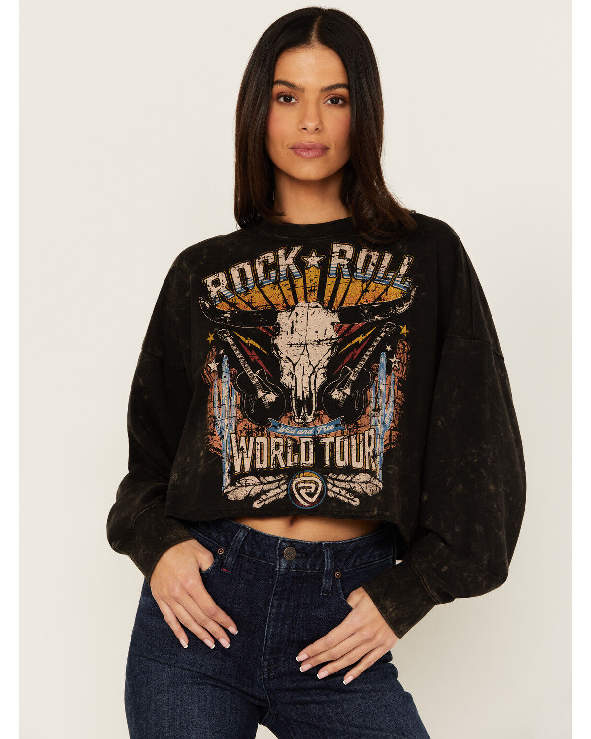 Image #1 - Rock & Roll Denim Women's Steer Head Graphic Long Sleeve Pullover, Black, hi-res