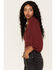 Image #2 - Shyanne Women's Embroidered Mesh Dot Poet Sleeve Crop Top, Wine, hi-res