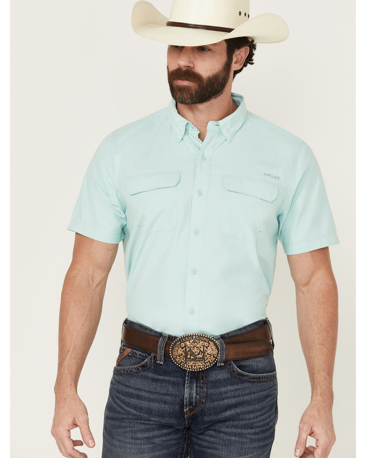 Image #1 - Ariat Men's VentTEK Outbound Solid Short Sleeve Button-Down Performance Shirt, Teal, hi-res