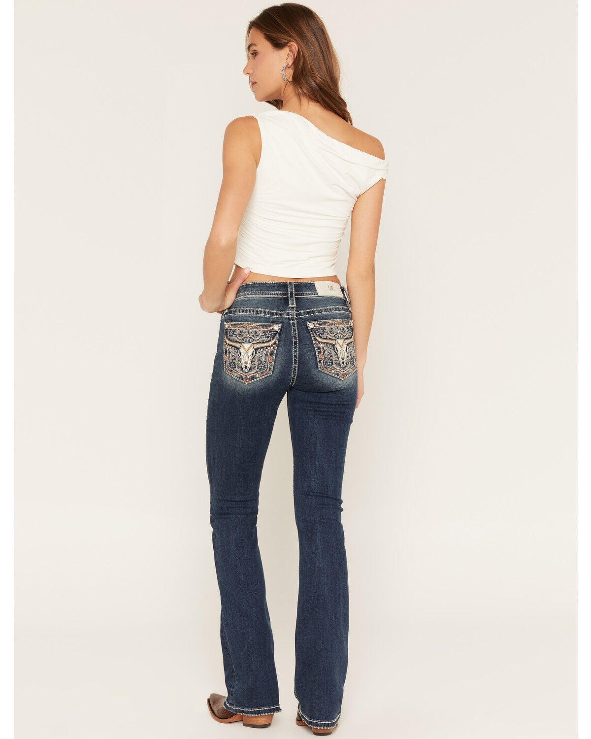 Miss Me Women's Medium Wash Mid Rise Longhorn Pocket Bootcut Stretch Denim Jeans, Medium Wash, hi-res
