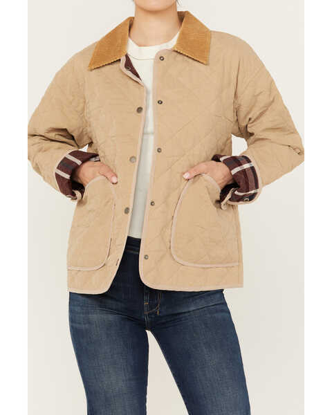 Image #3 - Mystree Women's Quilted Plaid Lined Snap Jacket , Tan, hi-res