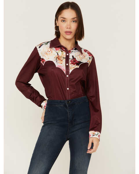 Ranch Dress'n Women's Floral Yoke Burgundy Long Sleeve Snap Western Shirt, Burgundy, hi-res