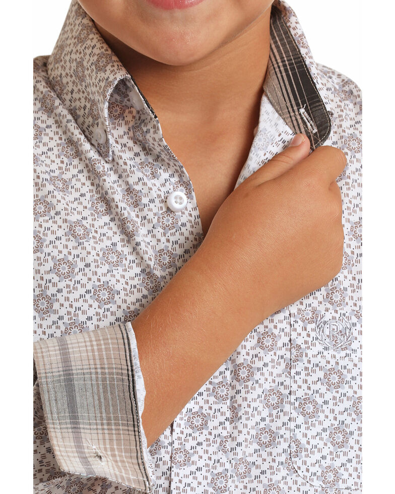 Panhandle Select Boys' White Floral Geo Print Long Sleeve Western Shirt , White, hi-res