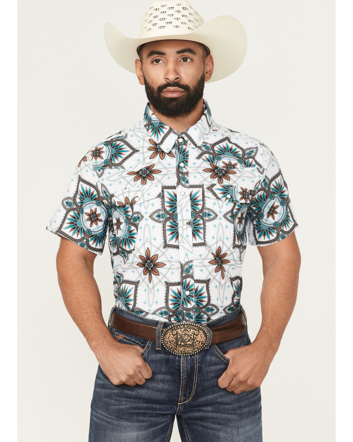 Image #1 - Rock & Roll Denim Men's Medallion Print Short Sleeve Snap Stretch Western Shirt, White, hi-res