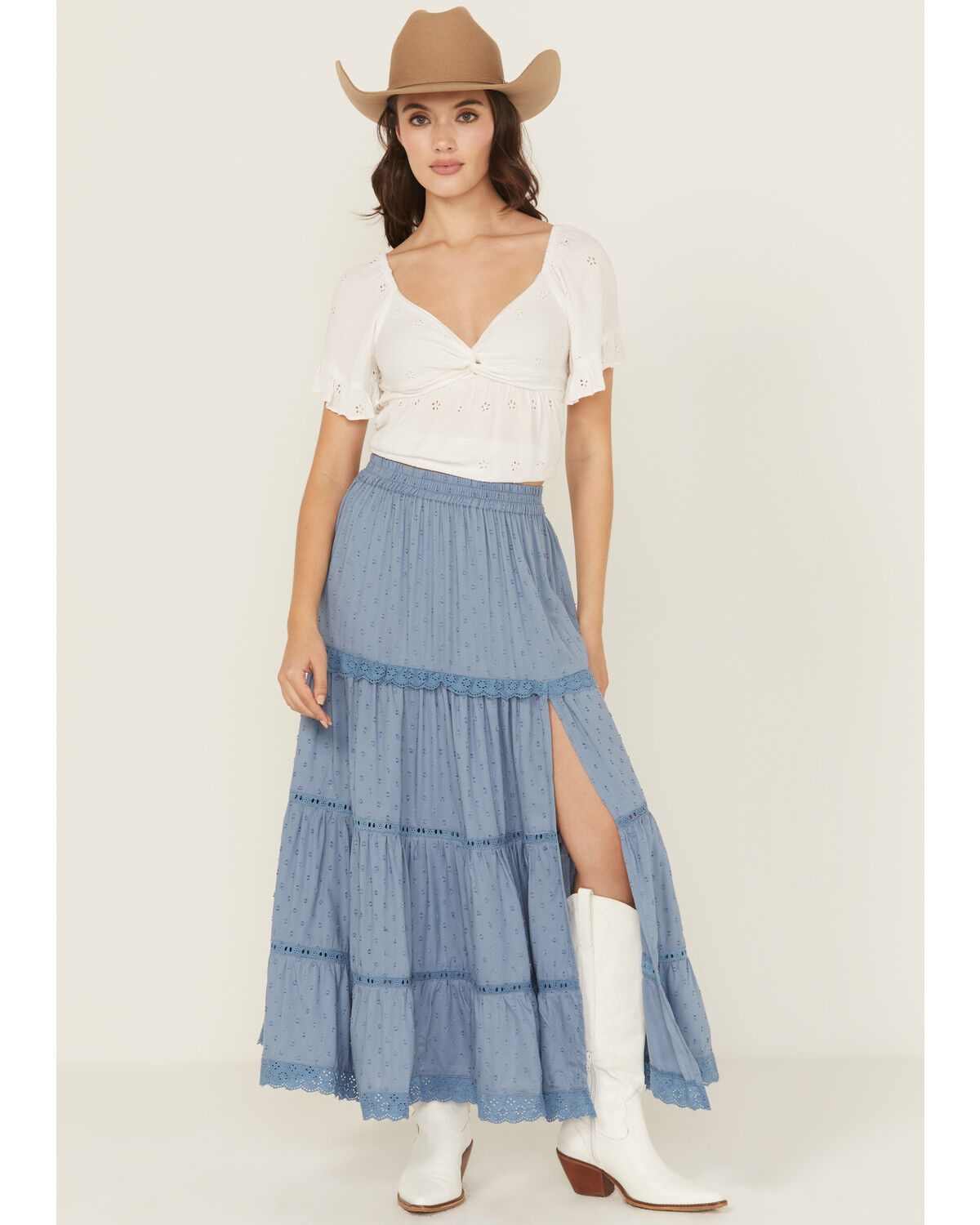 Image #1 - Angie Women's Crochet Trim Tiered Skirt, Blue, hi-res
