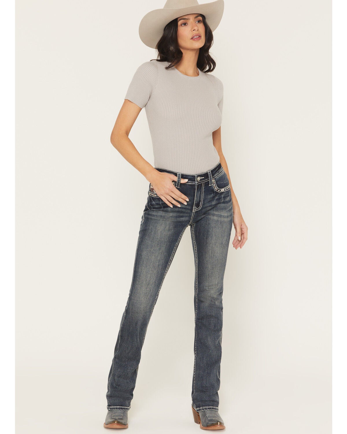 Image #3 - Grace in LA Women's Medium Wash Mid Rise Embellished Bootcut Denim Jeans, Medium Wash, hi-res