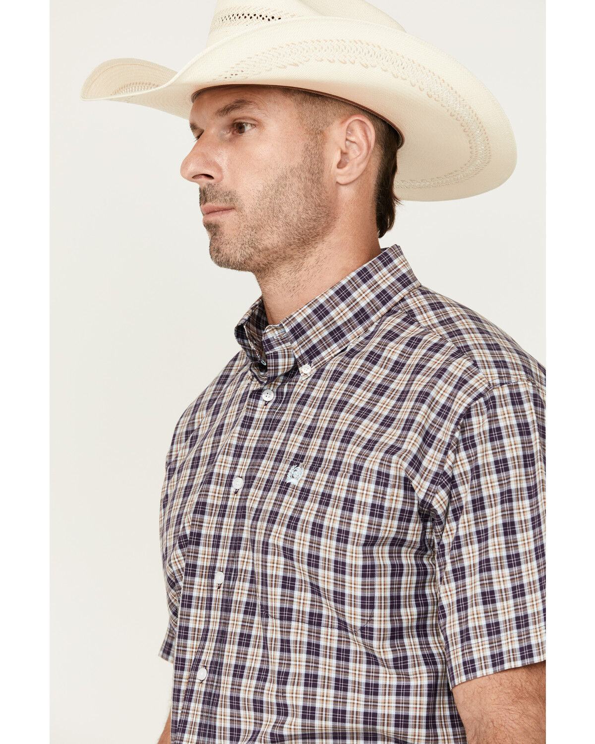 Image #2 - Cinch Men's Plaid Print Short Sleeve Button-Down Western Shirt, Purple, hi-res