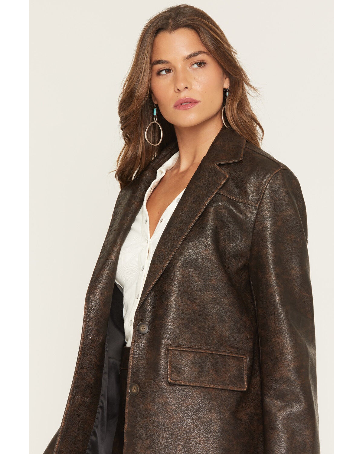 Image #2 - Miss Me Women's Faux Leather Oversized Blazer, Chocolate, hi-res