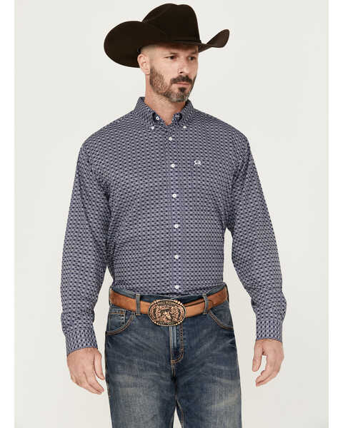 Cinch Men's ARENAFLEX Geo Print Long Sleeve Button-Down Stretch Western Shirt , Navy, hi-res
