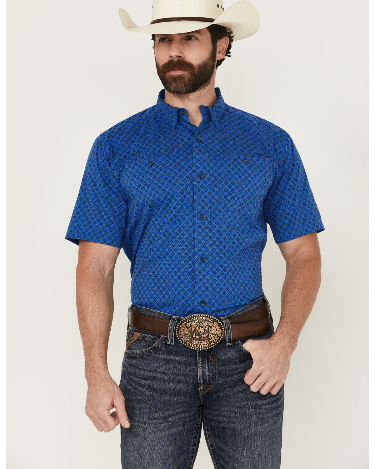 Image #1 - Ariat Men's 360 Medallion Print Short Sleeve Button-Down Performance Western Shirt - Tall, Royal Blue, hi-res