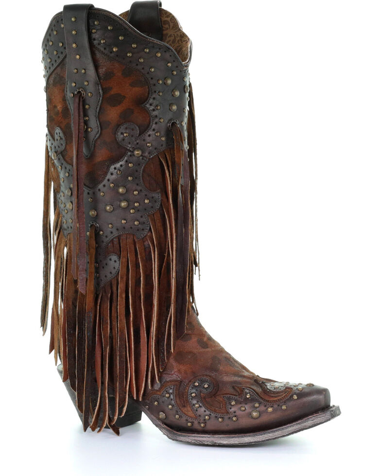 Corral Women's Leopard Stud & Fringe Cowgirl Boots - Snip Toe, Honey, hi-res