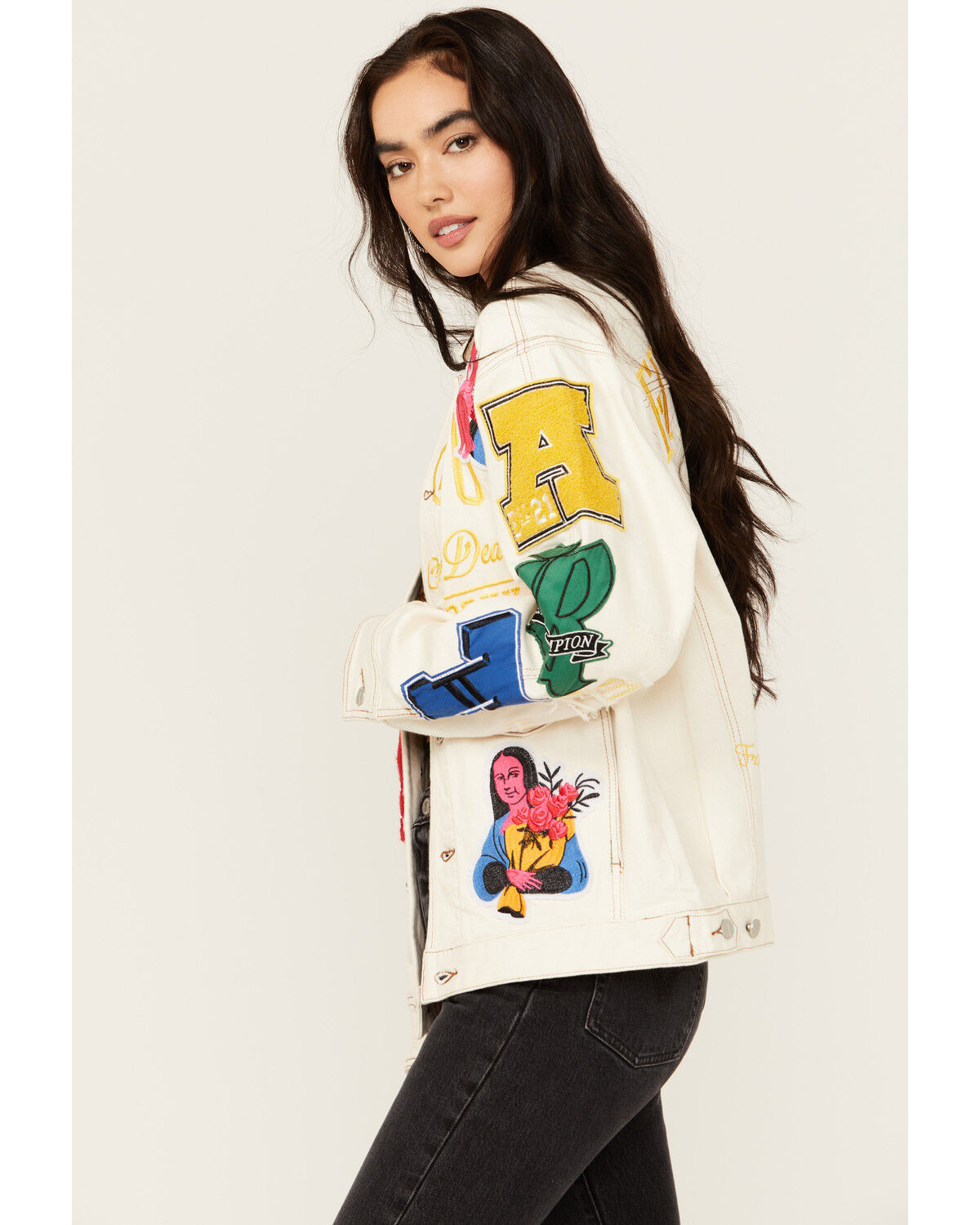 Image #2 - First Row Women's Embroidered Denim Jacket, Khaki, hi-res