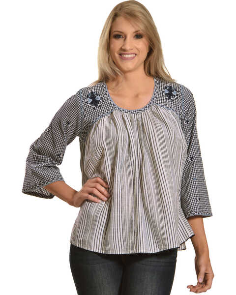 New Direction Sport Women's Embroidered Flare Sleeve Top, Blue, hi-res
