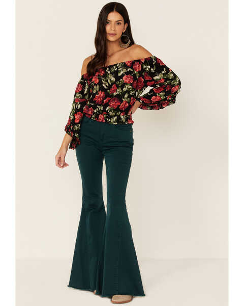 Image #2 - Angie Women's Black & Red Rose Floral Print Long Bell Sleeve Crop Top, , hi-res