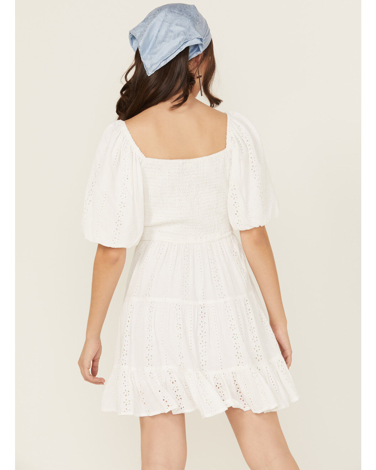 Image #2 - Angie Women's Eyelet Short Puff Sleeve Mini Dress, White, hi-res