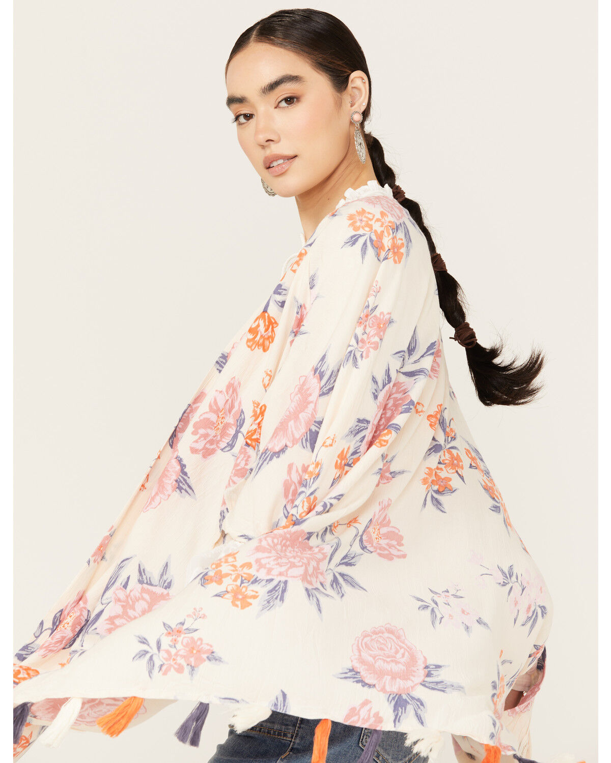 Image #2 - Angie Women's Floral Print Tassel Kimono, Ivory, hi-res