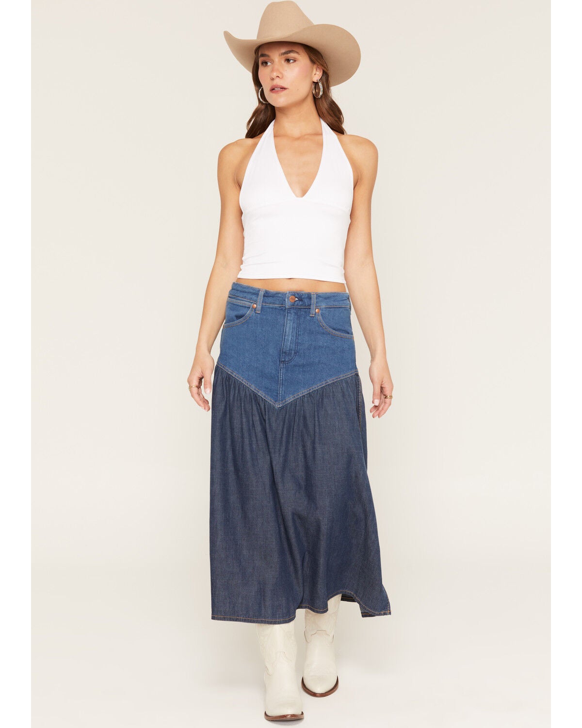 Image #1 - Wrangler Women's Modern Two Tone Denim Maxi Skirt, Blue, hi-res