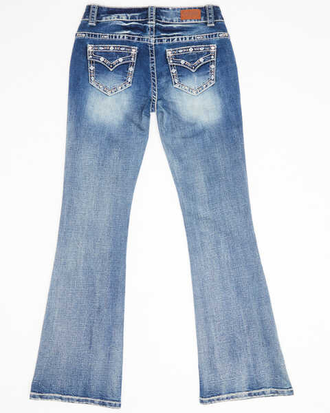 Image #3 - Shyanne Girls' Light Embroidered Faux Flap Pocket Bootcut Jeans , Blue, hi-res