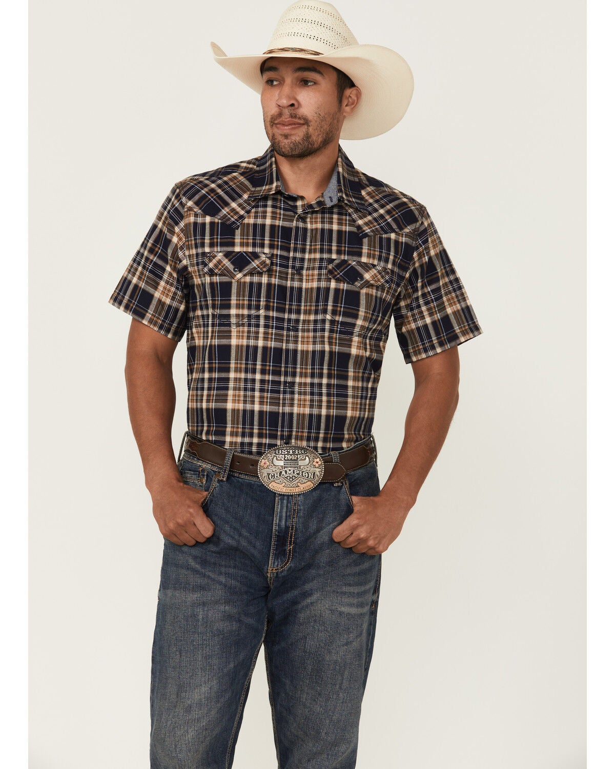 Cody James Men's Rustic Rodeo Plaid Print Short Sleeve Snap Western Shirt, Navy, hi-res