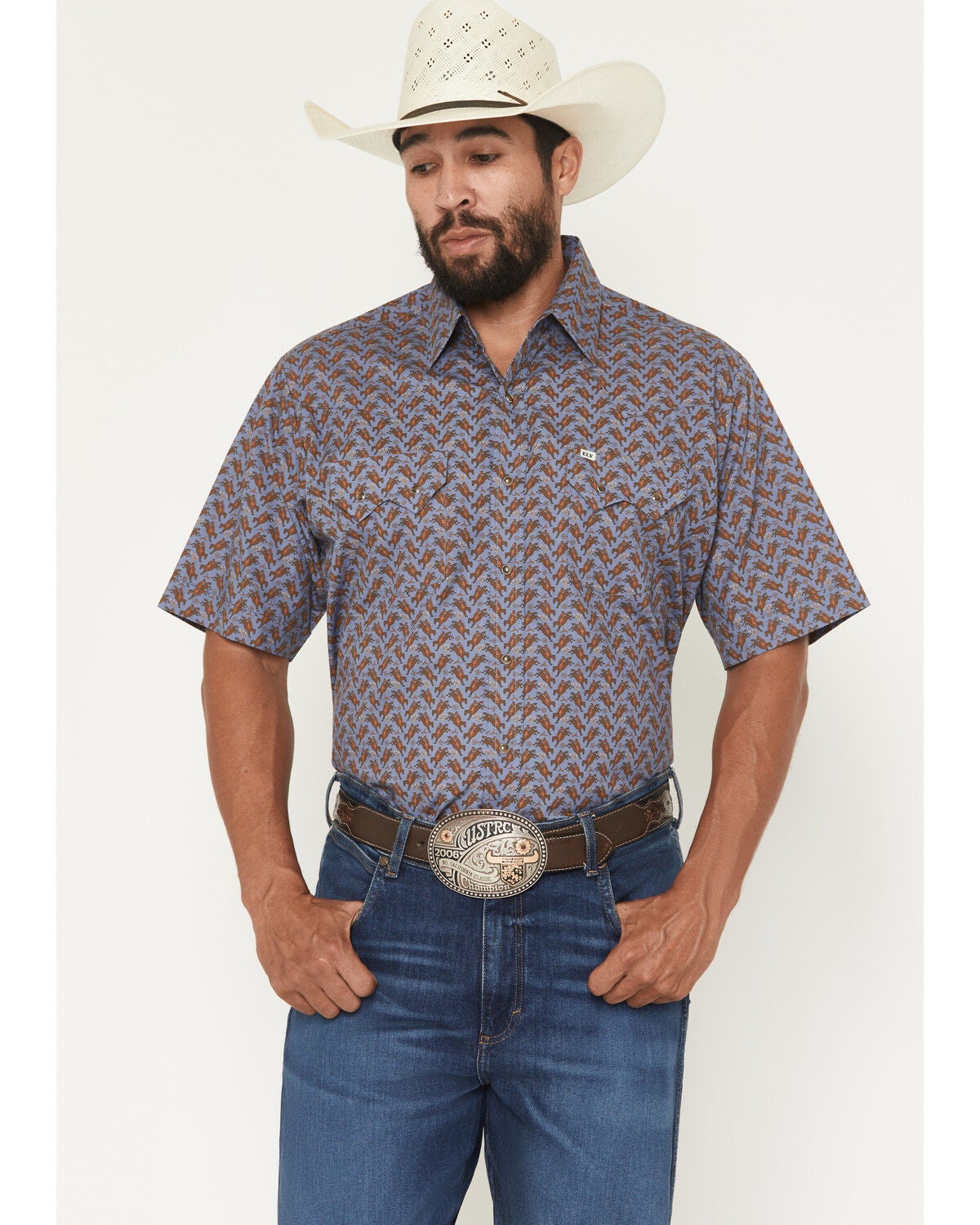 Image #1 - Ely Walker Men's Boot Barn Exclusive Cowboy Print Short Sleeve Snap Western Shirt, Blue, hi-res