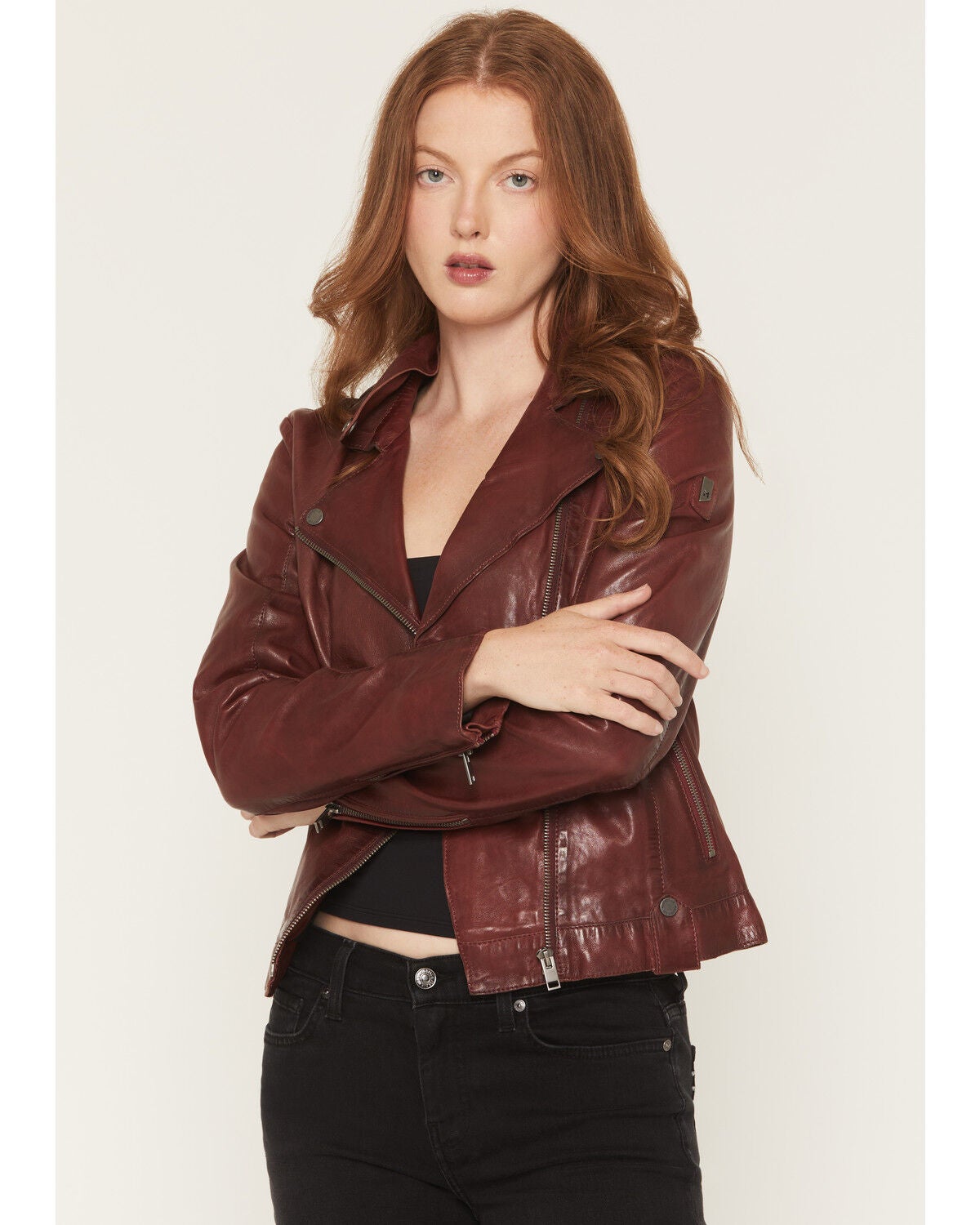 Image #1 - Mauritius Leather Women's Fayola Featherweight Leather Moto Jacket, Wine, hi-res