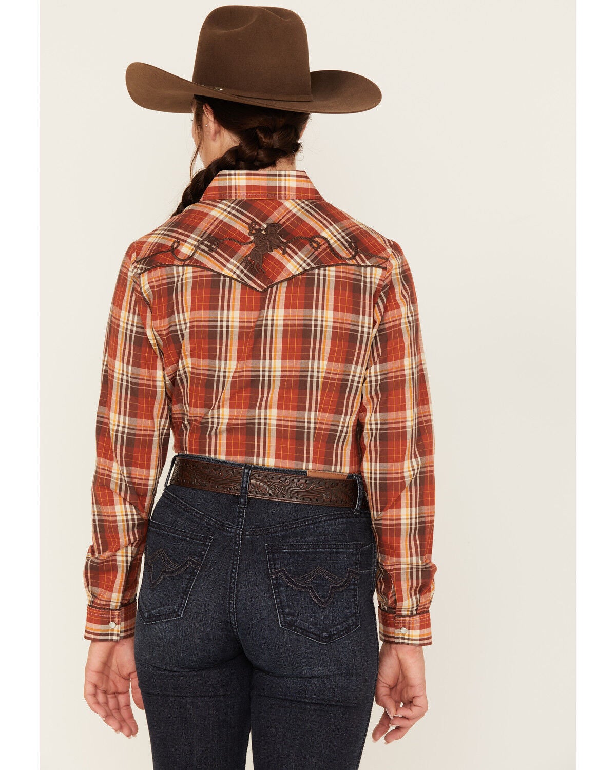 Image #4 - Roper Women's Plaid Print Long Sleeve Pearl Snap Western Shirt, Rust Copper, hi-res