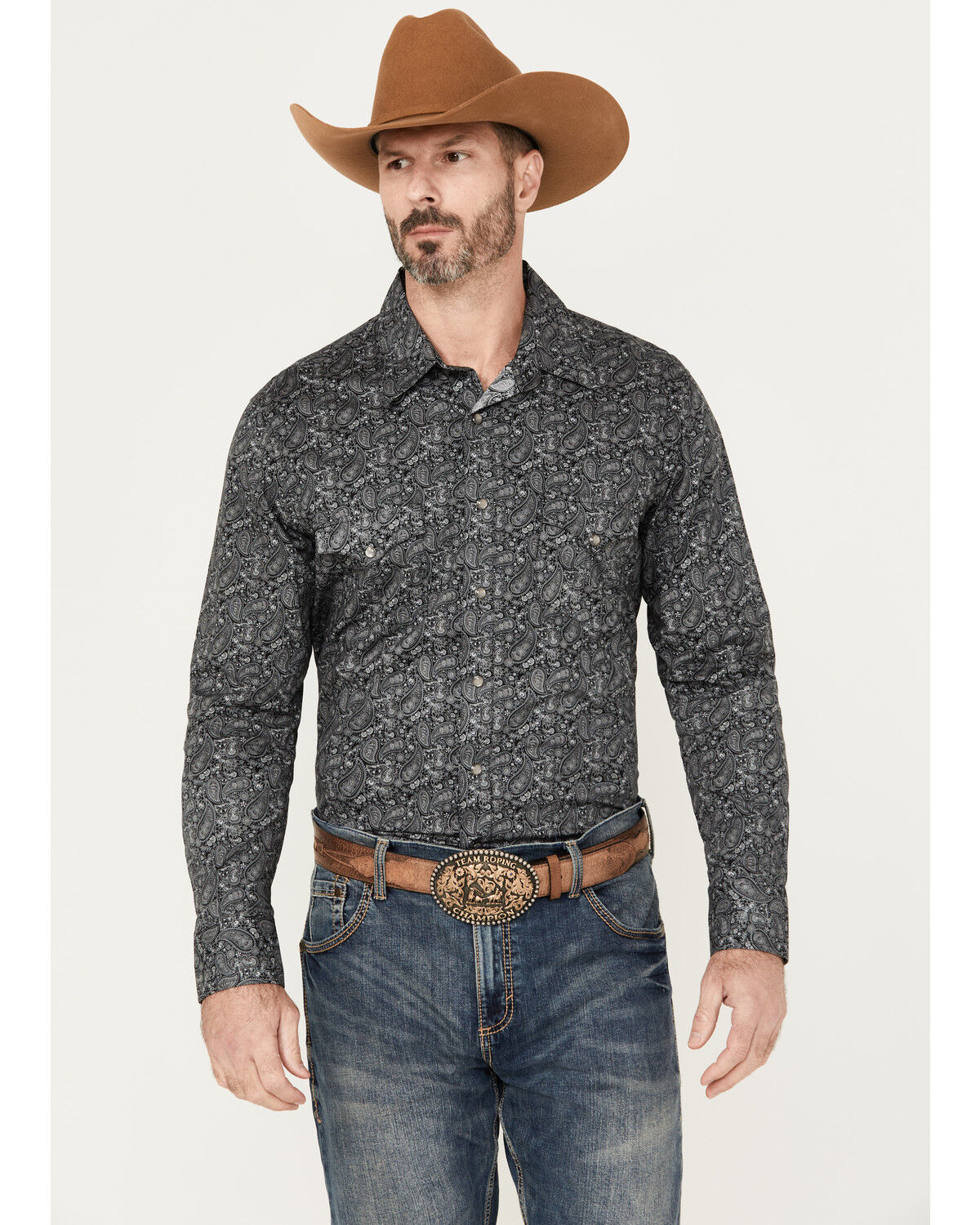 Image #1 - Rock & Roll Denim Men's Paisley Print Long Sleeve Stretch Pearl Snap Western Shirt, Charcoal, hi-res