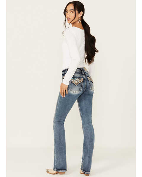 Miss Me Women's Medium Wash Mid Rise Geo Pocket Slim Stretch Bootcut Jeans , Medium Wash, hi-res
