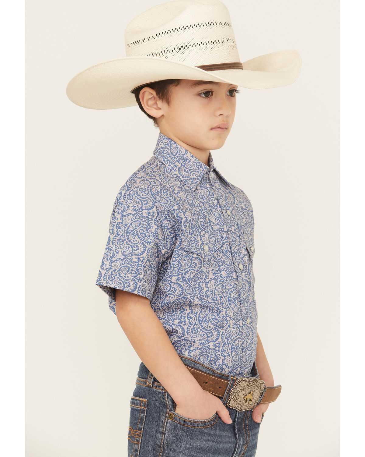 Image #2 - Ely Walker Boys' Paisley Print Short Sleeve Pearl Snap Western Shirt, Navy, hi-res