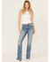 Image #1 - Rock & Roll Denim Women's Medium Wash Mid Rise Distressed Bootcut Stretch Denim Jeans, Medium Wash, hi-res