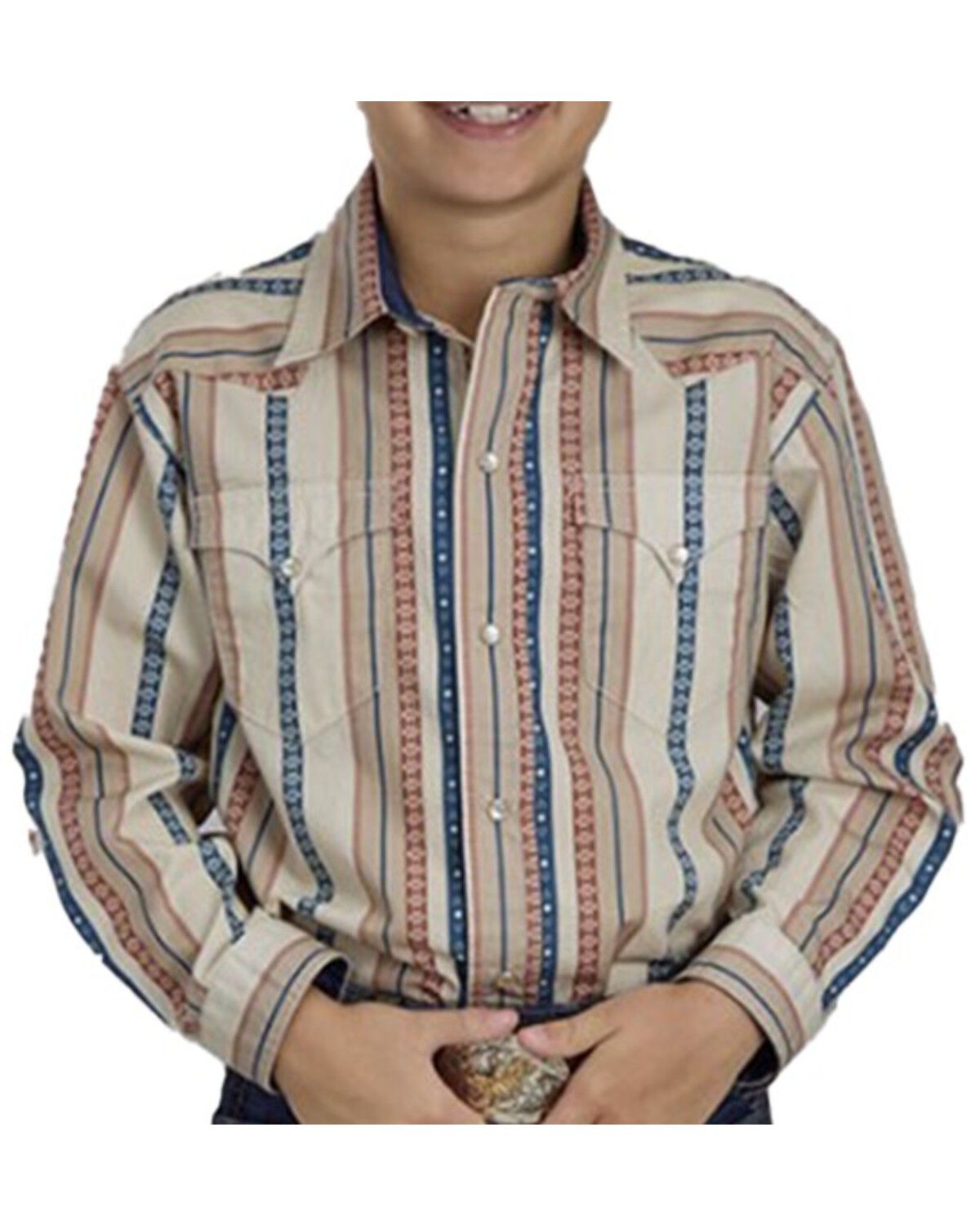Image #1 - Roper Boys' Striped Long Sleeve Snap Western Shirt, Tan, hi-res
