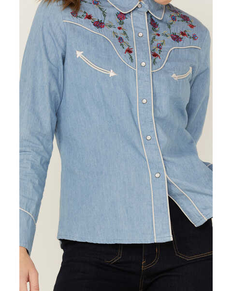 Image #2 - Scully Women's Chambray Floral Embroidered Yoke Pearl Snap Western Shirt, Blue, hi-res