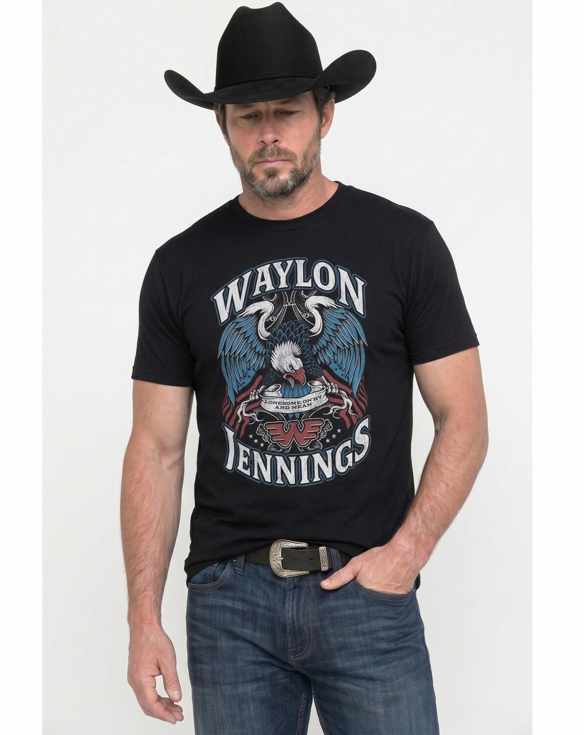 Americana Men's Waylon Jennings Lonesome Short Sleeve Graphic T-Shirt, Black, hi-res