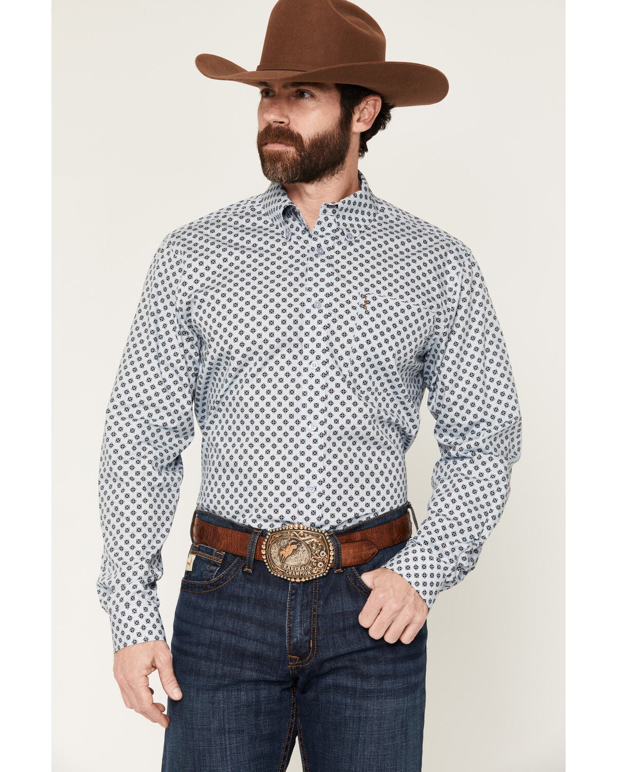 Image #1 - Cinch Men's Geo Print Long Sleeve Button-Down Western Shirt, Light Blue, hi-res