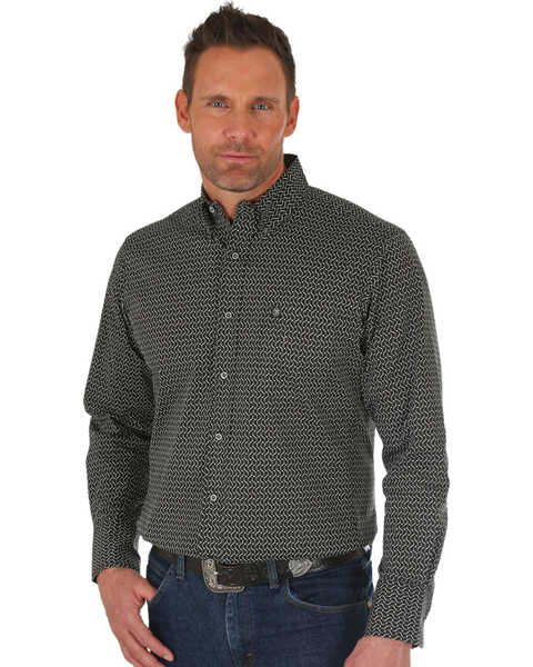 Wrangler Men's Geo Print Performance Long Sleeve Button Down Western Shirt , Black/white, hi-res