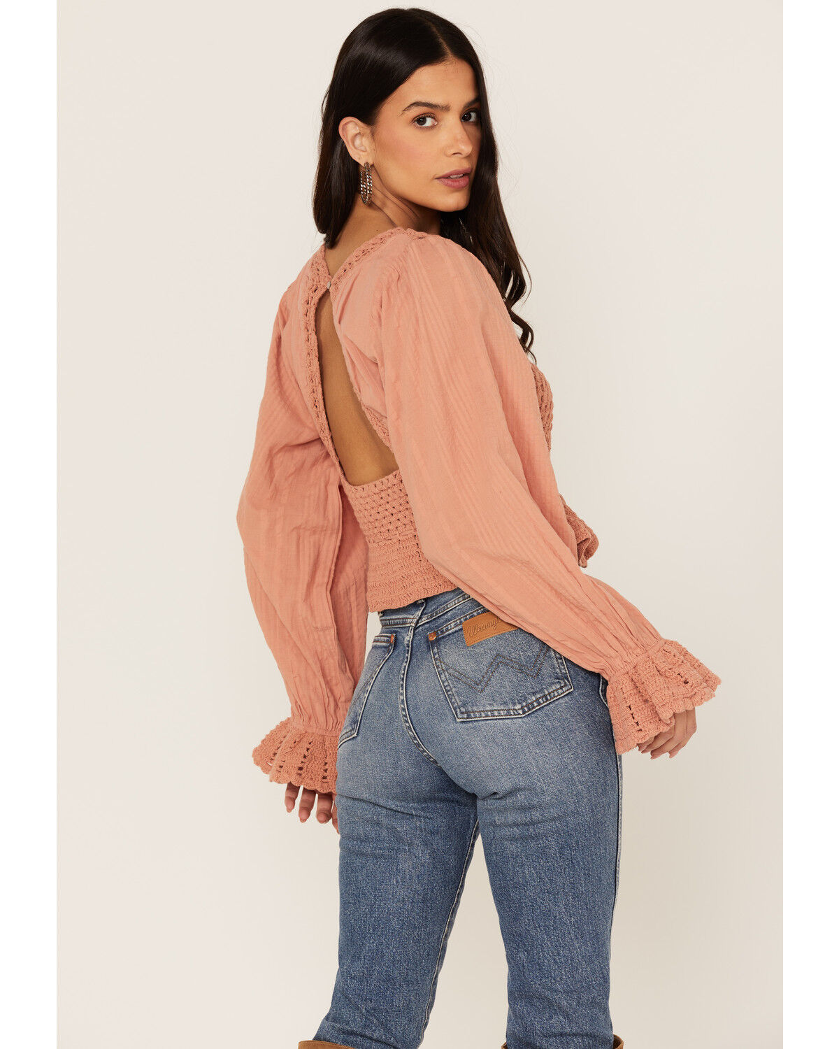 Free People Women's Megan Crochet Knit Peplum Puff Sleeve Top