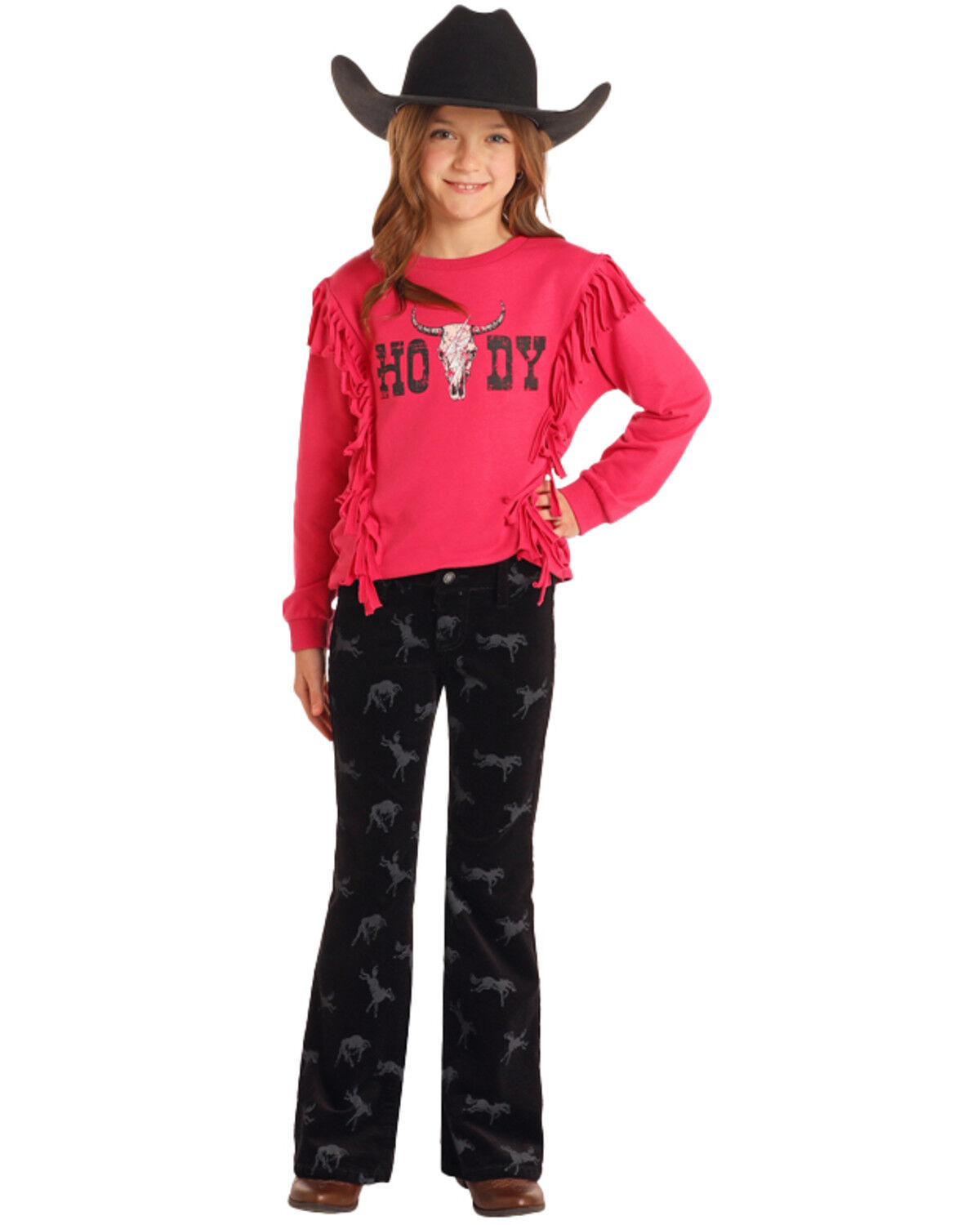 Image #1 - Rock & Roll Denim Girls' Rodeo Print Corduroy Bootcut Jeans, Black, hi-res