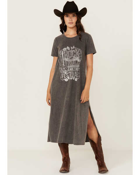 Blended Women's Rock & Roll Short Sleeve Graphic Midi T-Shirt Dress, Black, hi-res