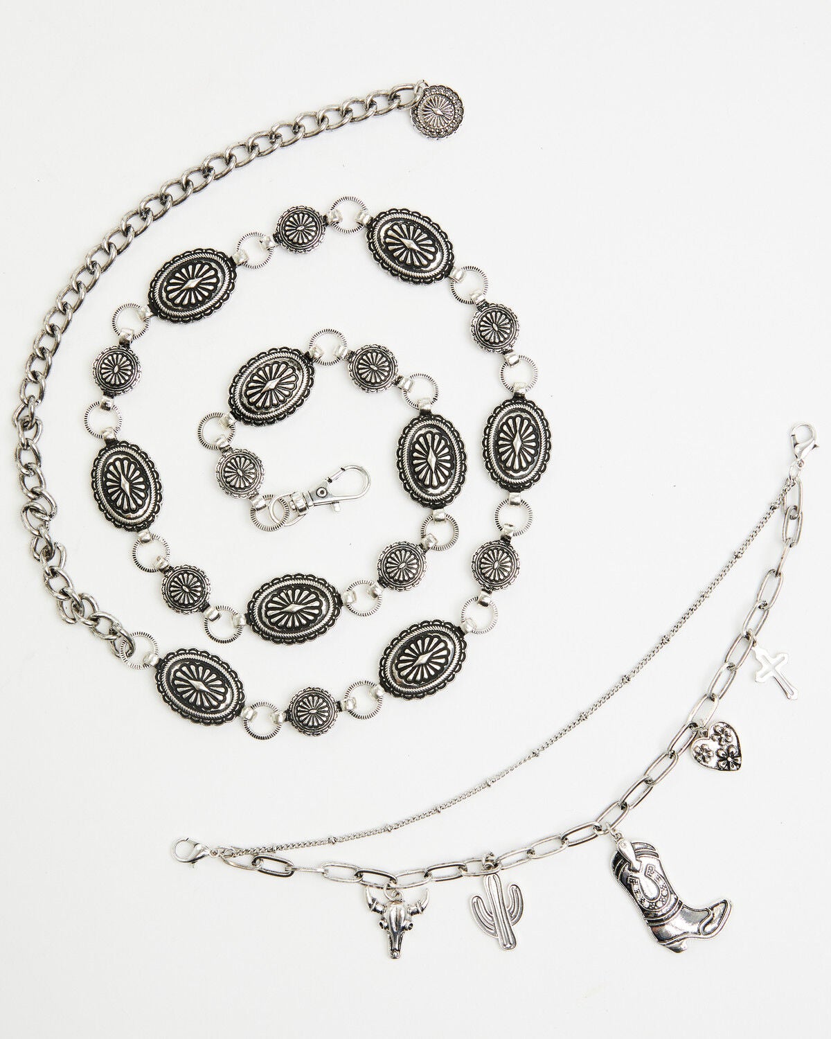 Shyanne Women's Layered Charm Concho Chain Belt, Silver, hi-res